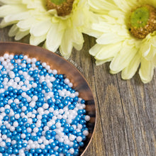 Load image into Gallery viewer, Lovely edible blue and white sugar pearls with shiny finish 3-4mm (approx)  Perfect to decorate cupcakes, a large cake, ice creams, smoothies, cookies.....the list is endless