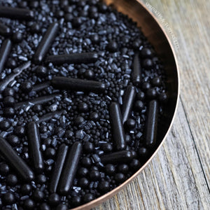 Perfect to top any cupcake or to decorate a larger cake, ice creams, smoothies, cookies and more  Stunning black macaroni rods, sugar crystals, 4mm polished pearls & 100s/1000s