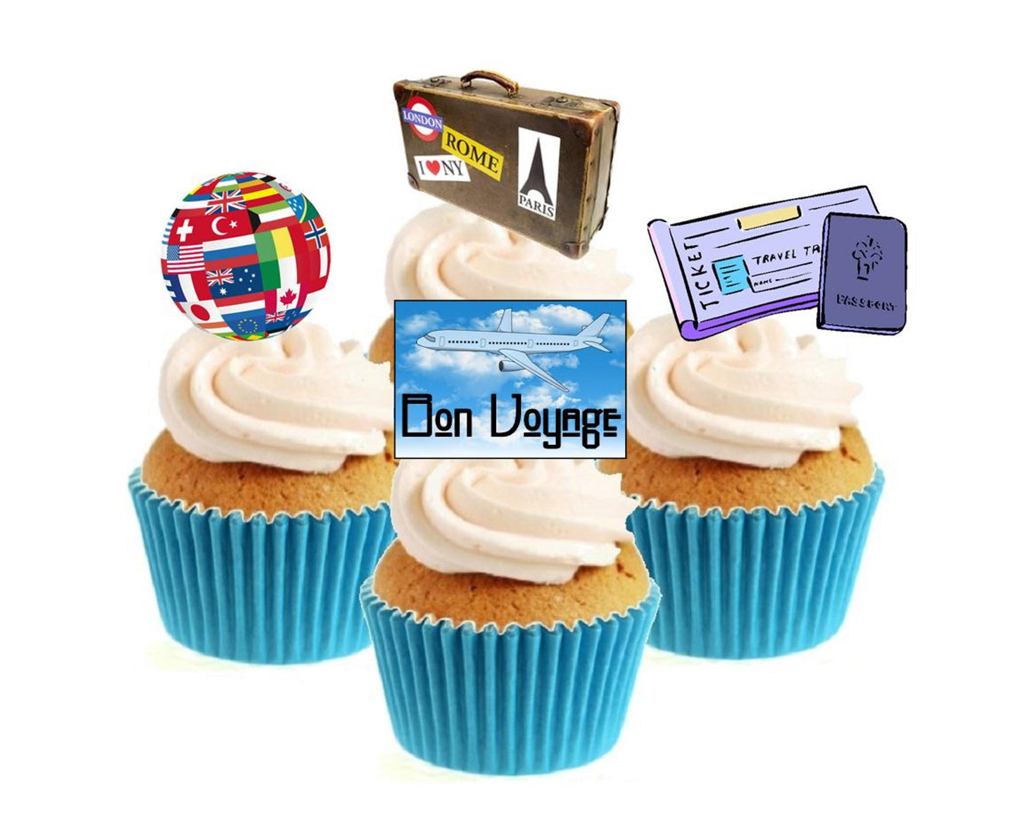 Bon Voyage Stand Up Cake Toppers (12 pack) Pack contains 12 images - 3 of each image - printed onto premium wafer card