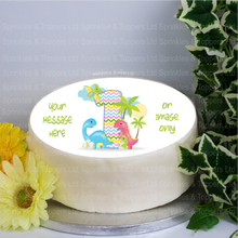 Load image into Gallery viewer, Personalised Bright Dinosaurs Number (1-13) 8&quot; Icing Sheet Cake Topper