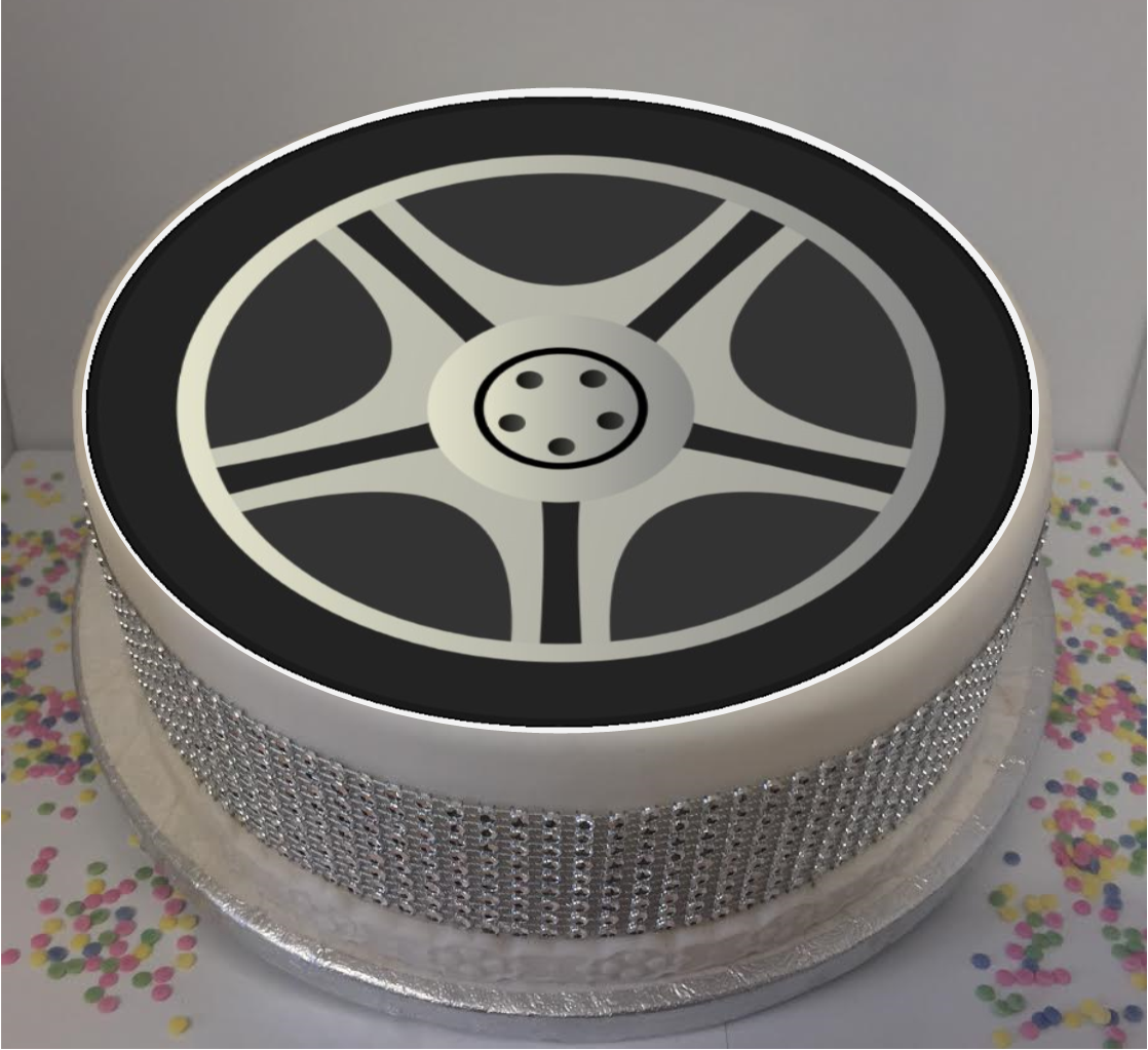 Car / Vehicle Wheel 8" Icing Sheet Cake Topper Icing sheet cake toppers are a great way to personalise either a homemade or shop bought plain cake