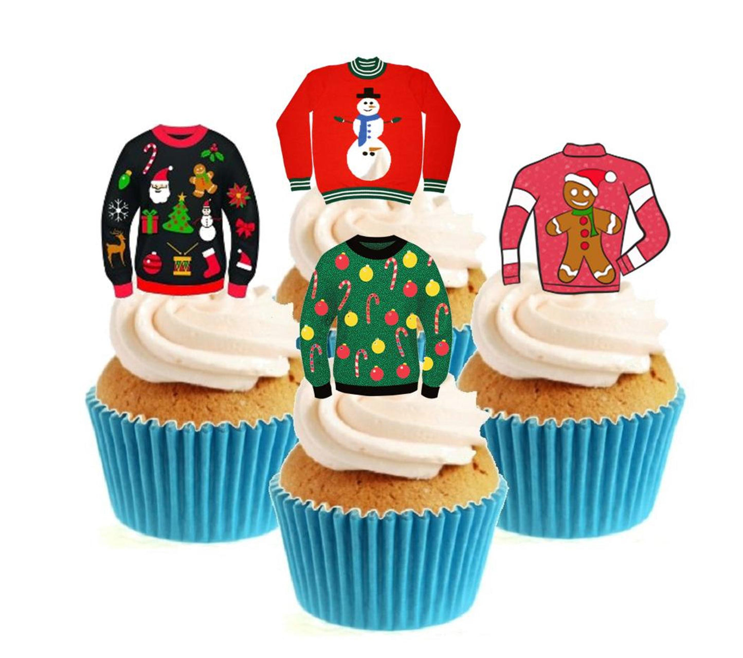 Christmas Jumpers Collection Stand Up Cake Toppers (12 pack) Pack contains 12 images - 3 of each image - printed onto premium wafer card