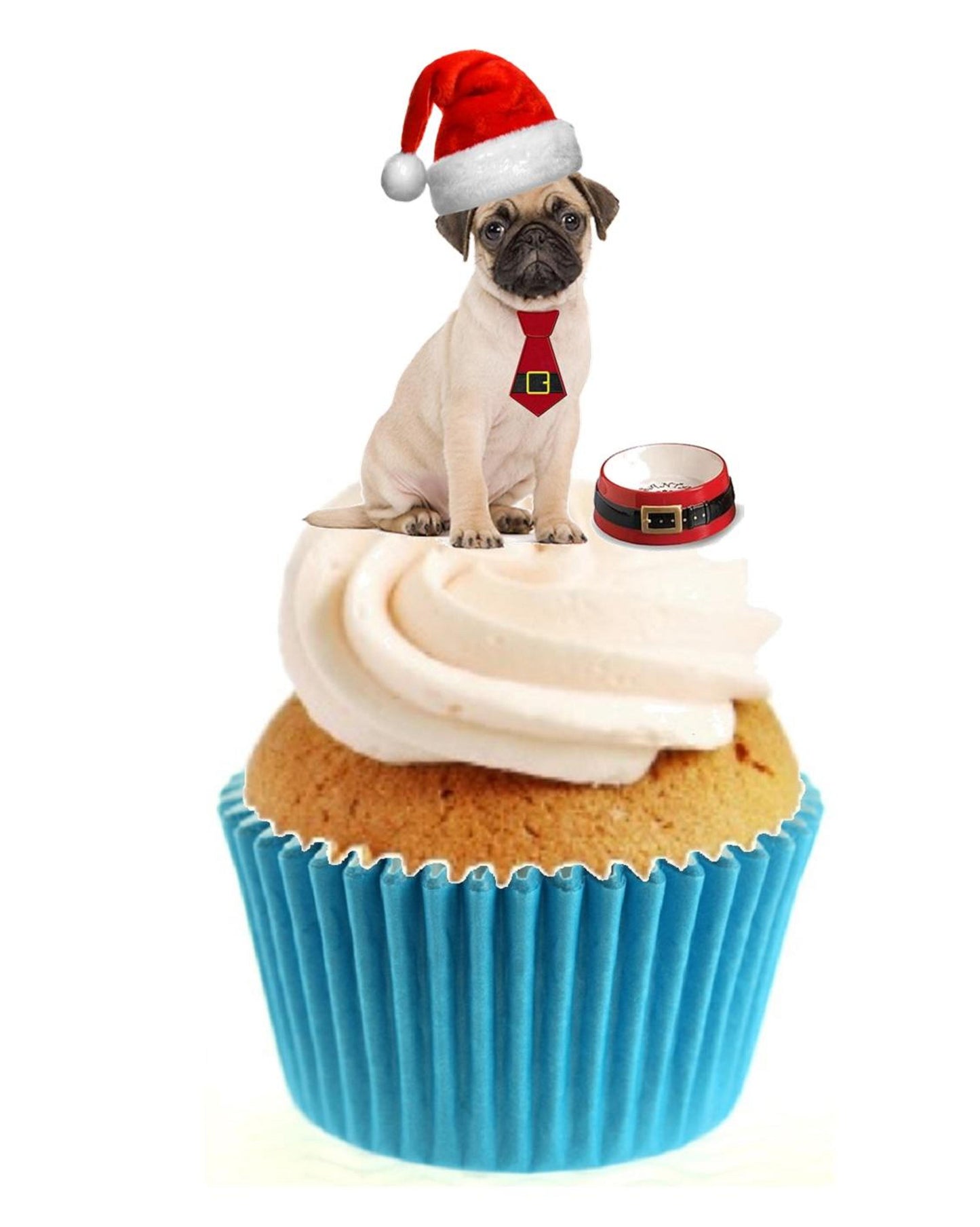 Christmas Pug Stand Up Cake Toppers (12 pack) Pack contains 12 images printed onto premium wafer card