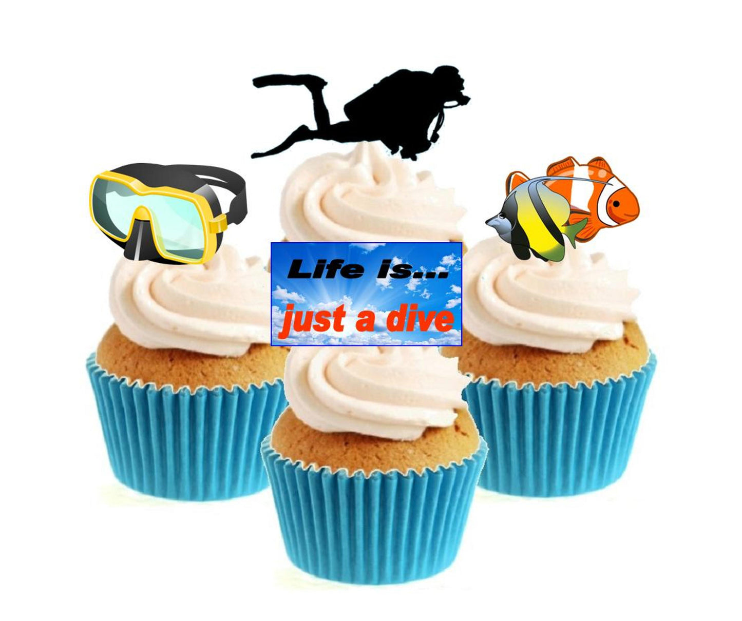 Diver Collection Stand Up Cake Toppers (12 pack) Pack contains 12 images ~ 3 of each image ~ printed onto premium wafer card