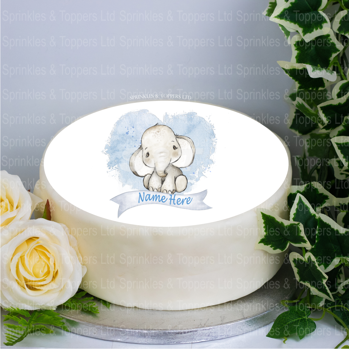 Personalised Baby Elephant & Blue Heart 8" Icing Sheet Cake Topper