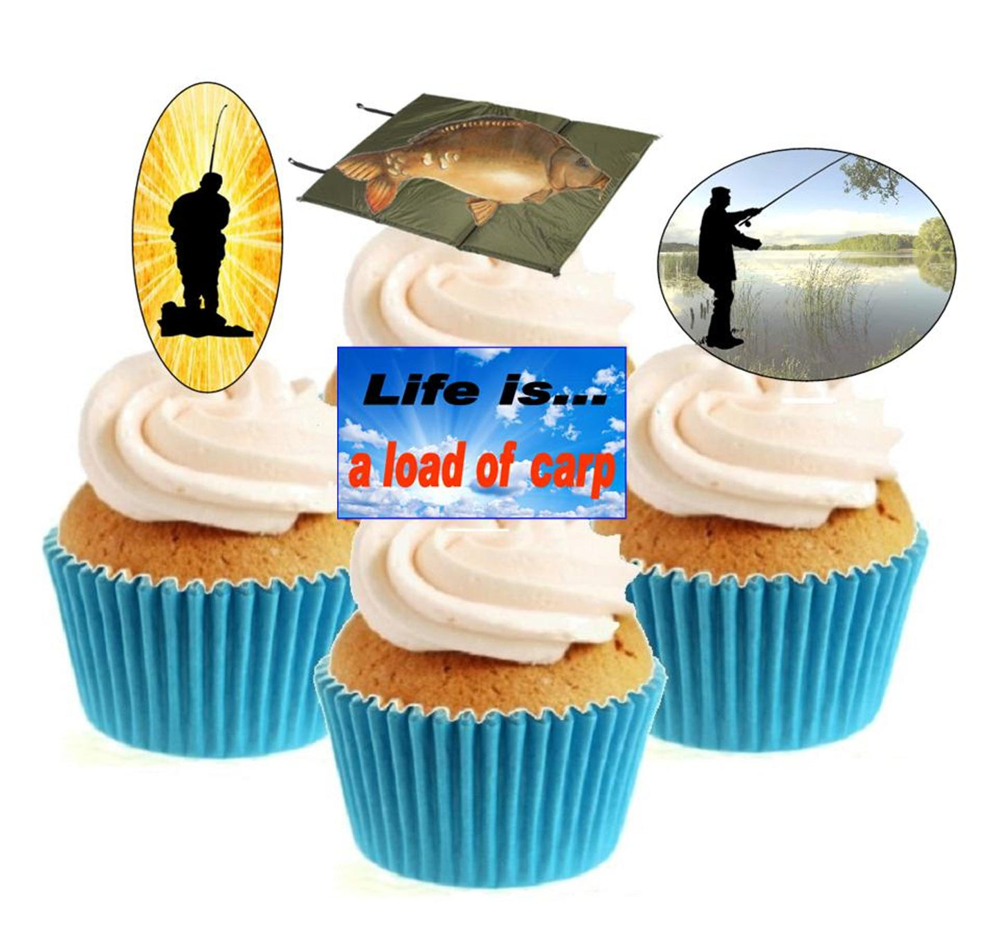 Fishing Collection (A) Stand Up Cake Toppers (12 pack) Pack contains 12 images ~ 3 of each image ~ printed onto premium wafer card