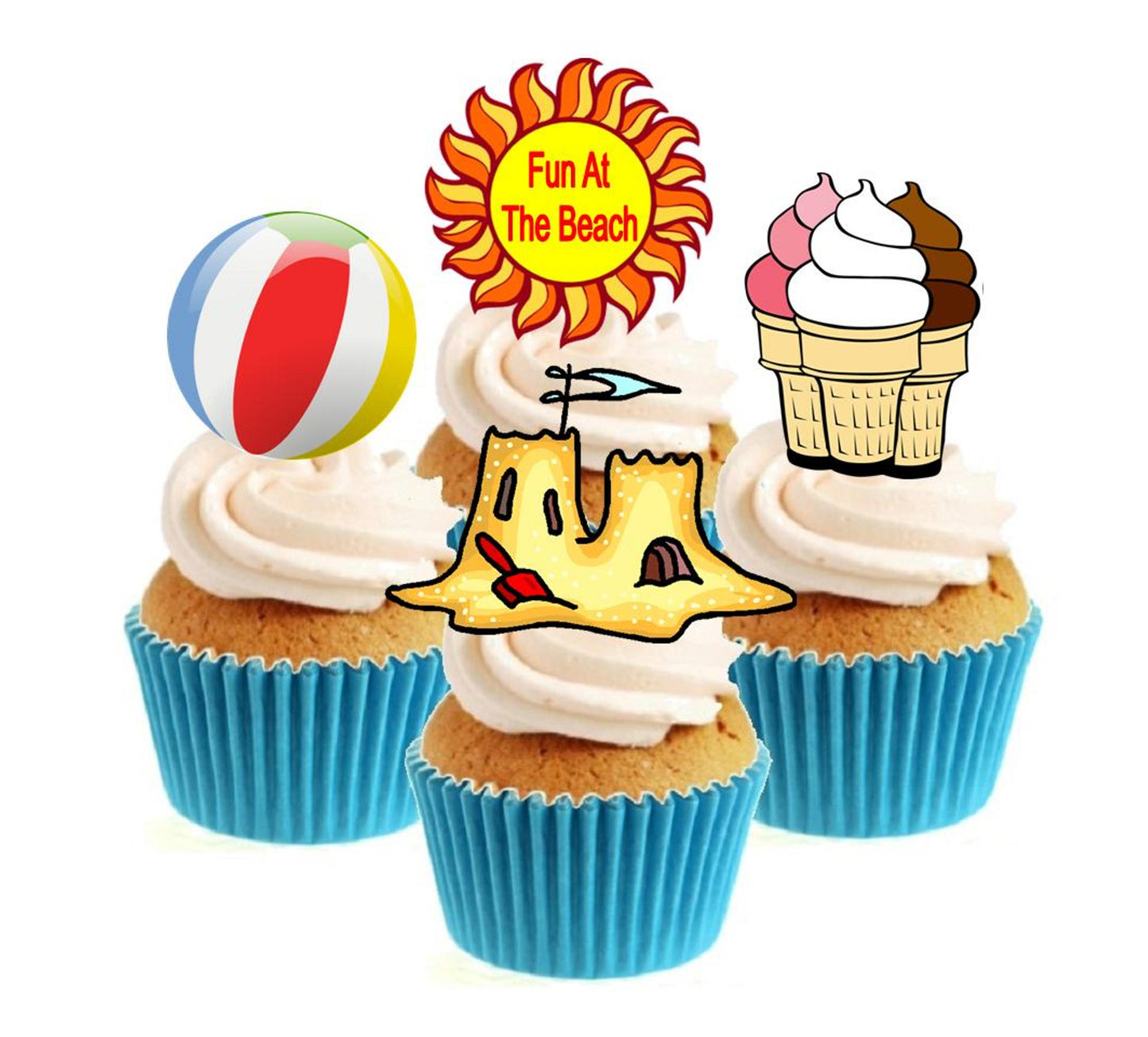 Fun At The Beach Collection Stand Up Cake Toppers (12 pack) Pack contains 12 images - 3 of each image - printed onto premium wafer card