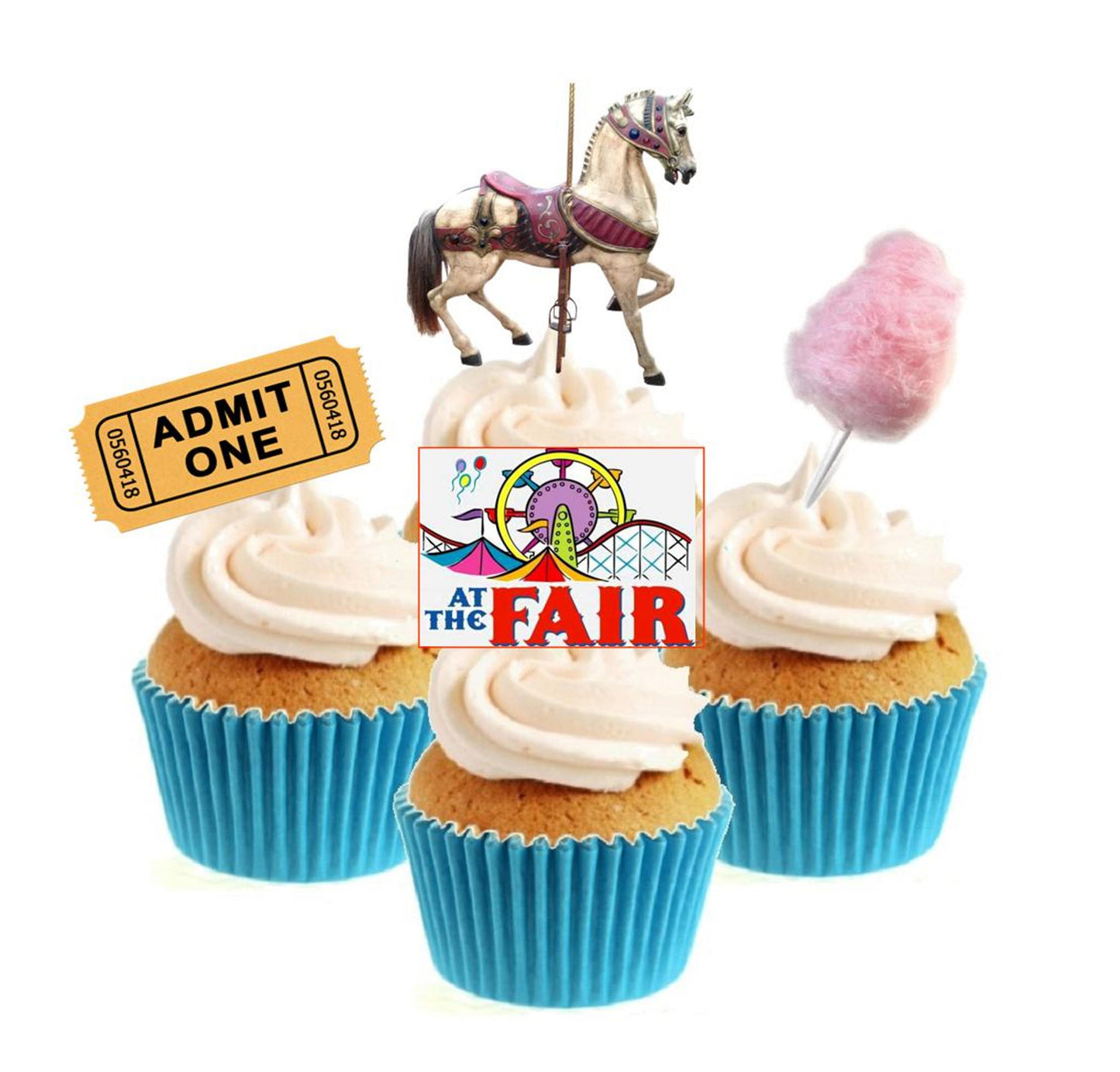 Fun At The Fair Collection Stand Up Cake Toppers (12 pack) Pack contains 12 images - 3 of each image - printed onto premium wafer card