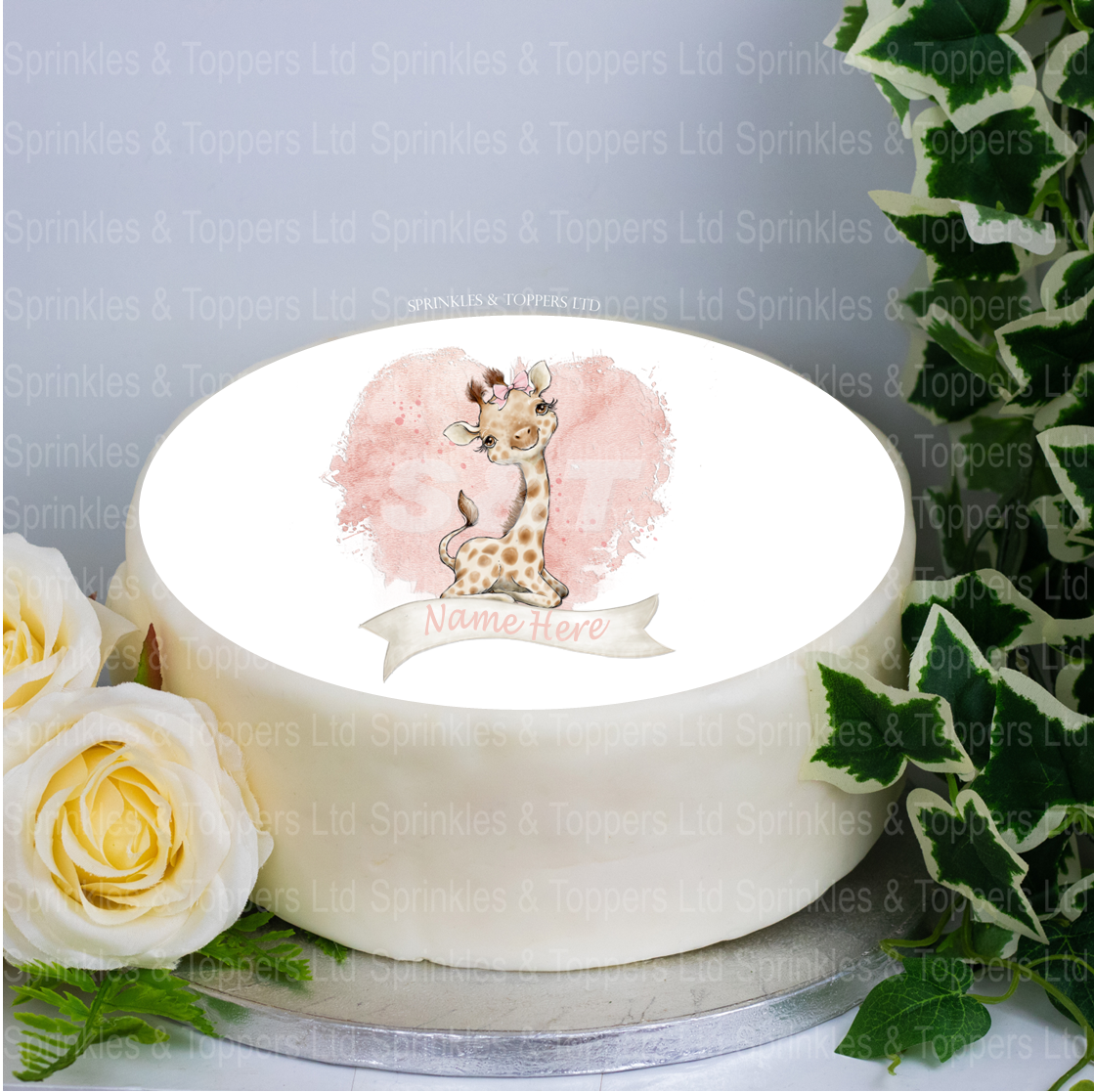 Personalised Baby Giraffe & Pink Heart 8" Cake Topper
