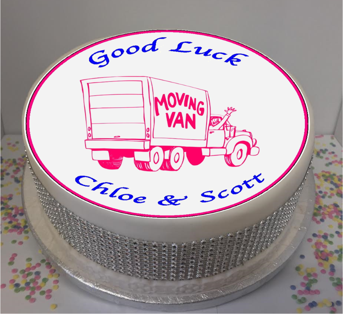 Good Luck New Home / Moving Van 8" Icing Sheet Cake Topper Icing sheet cake toppers are a great way to personalise either a homemade or shop bought plain cake Easy Peel Icing Sheet - No Fuss - Ready to pop straight onto your cake (full instructions included)