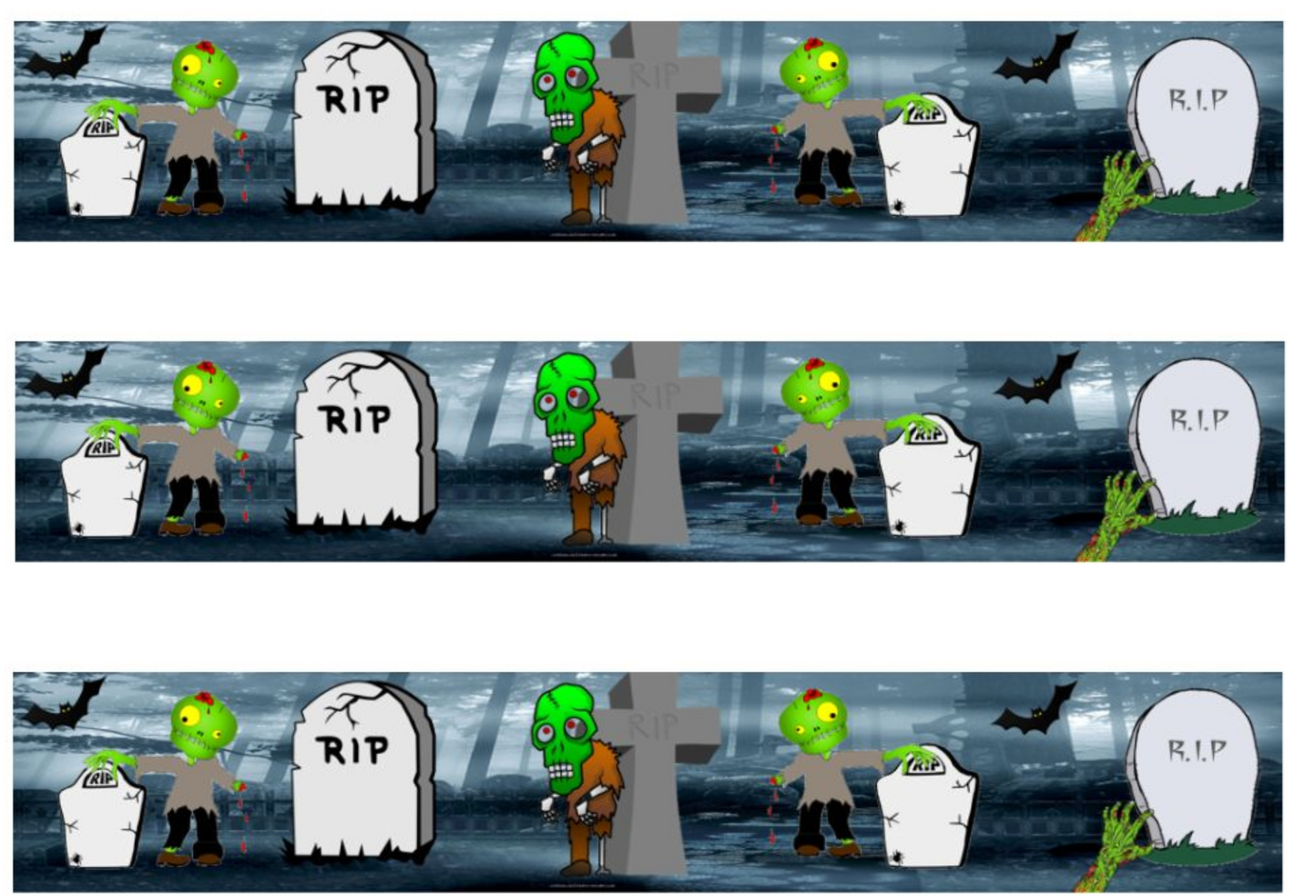 HALLOWEEN ZOMBIES & GRAVESTONES EDIBLE ICING CAKE RIBBON / SIDE STRIPS Use instead of traditional ribbon to decorate the sides of your cakes Edible fondant icing, perfect for that special occasion