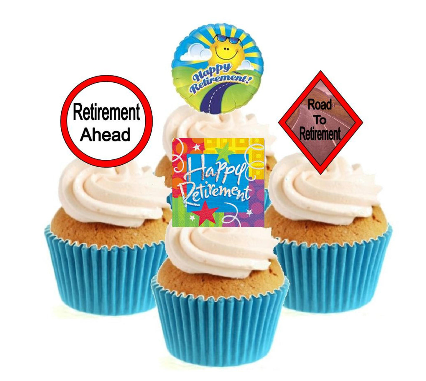 Happy Retirement Collection Stand Up Cake Toppers (12 pack) Pack contains 12 images - 3 of each image - printed onto premium wafer card