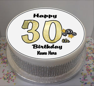 Personalised 30th Birthday Black / Gold 8" Icing Sheet Cake Topper
