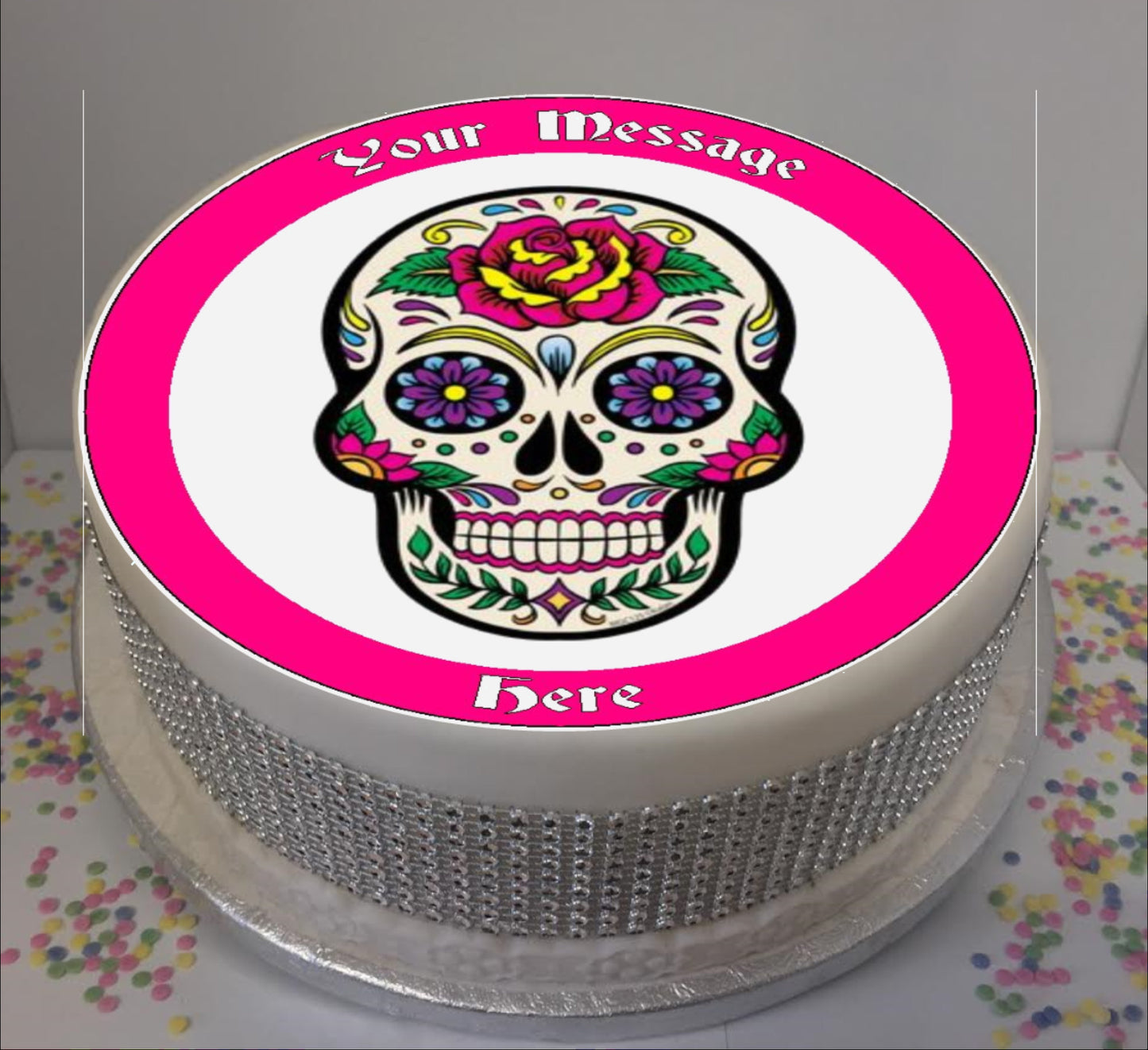 Personalised Sugar Skull Scene 8" Icing Sheet Cake Topper