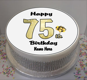 Personalised 75th Birthday Black / Gold 8" Icing Sheet Cake Topper