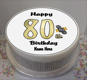 Personalised 80th Birthday Black / Gold 8" Icing Sheet Cake Topper