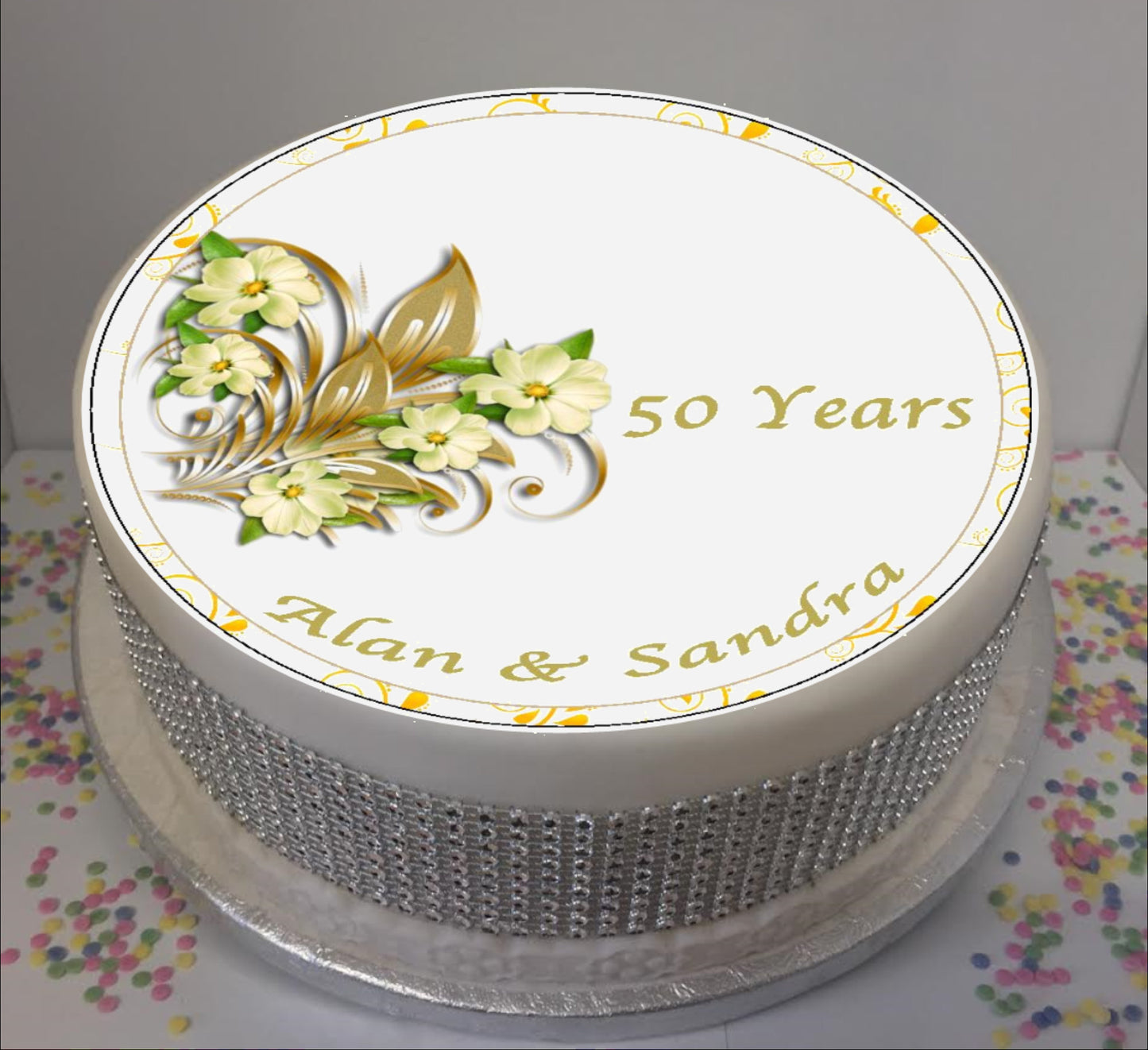 Personalised 50th Wedding Anniversary Flowers - Golden Anniversary 8" Icing Sheet Cake Topper
