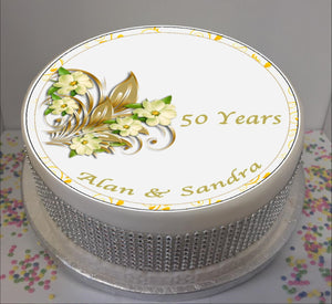Personalised 50th Wedding Anniversary Flowers - Golden Anniversary  8" Icing Sheet Cake Topper
