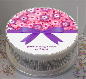 Personalised Pink / Purple Flowers & Bow Scene 8" Icing Sheet Cake Topper