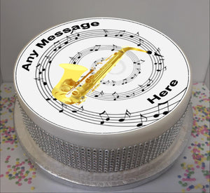 Personalised Saxophone & Music Notes Scene 8" Icing Sheet Cake Topper