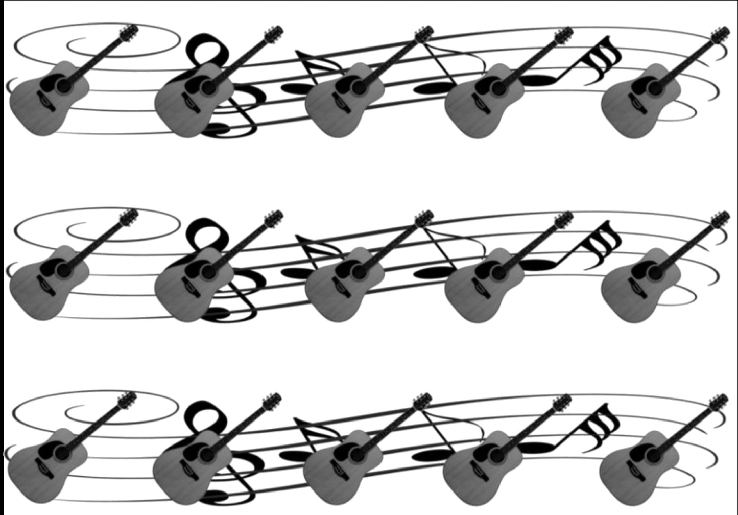 ACOUSTIC GUITAR & MUSIC NOTES EDIBLE ICING CAKE RIBBON / SIDE STRIPS Use instead of traditional ribbon to decorate the sides of your cakes Edible fondant icing, perfect for that special occasion