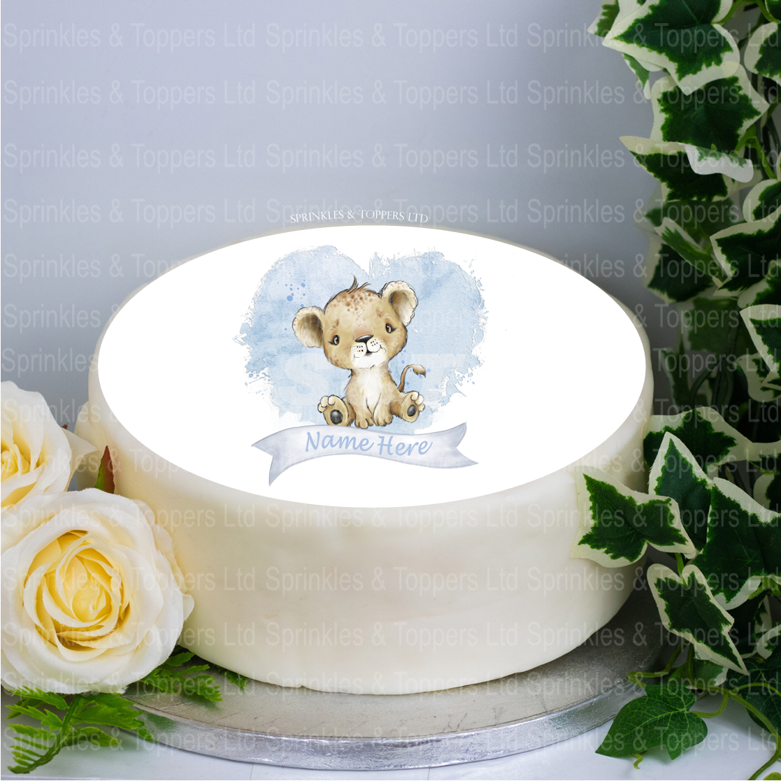 Personalised Baby Lion & Blue Heart 8" Icing Sheet Cake Topper