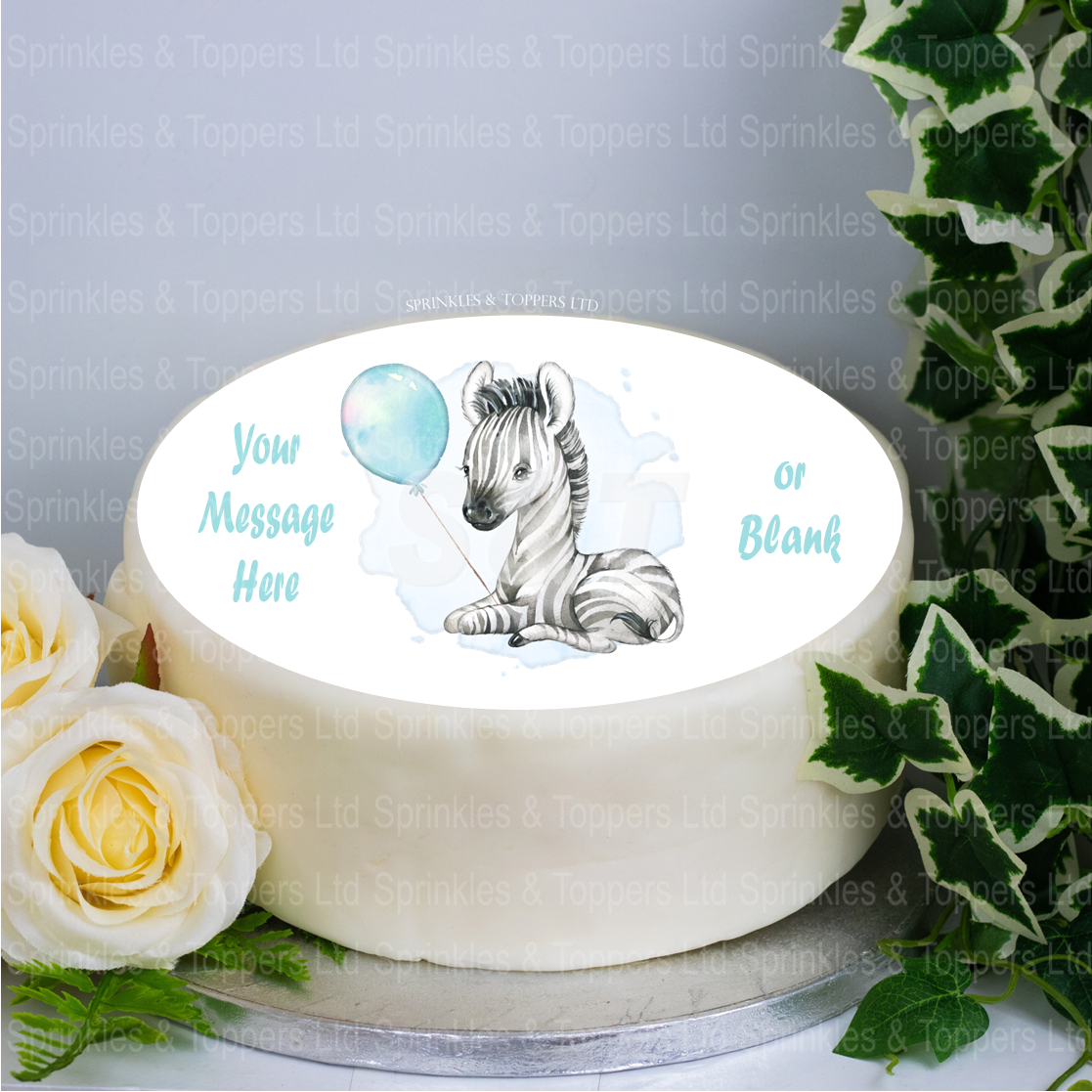 Personalised Baby Zebra & Blue Balloon 8" Cake Topper