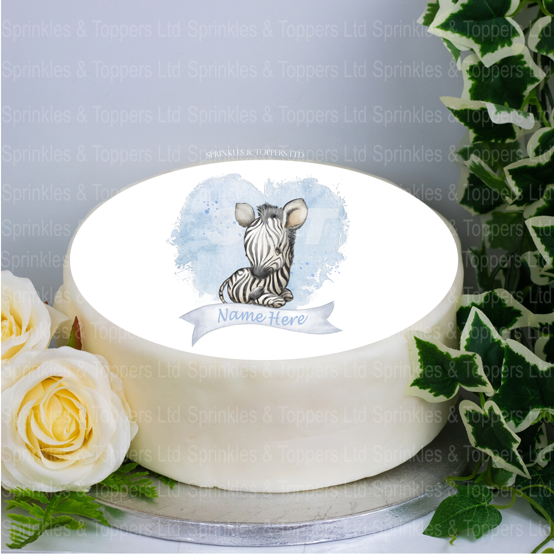 Personalised Baby Zebra & Blue Heart 8" Icing Sheet Cake Topper