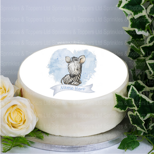 Personalised Baby Zebra & Blue Heart  8" Icing Sheet Cake Topper