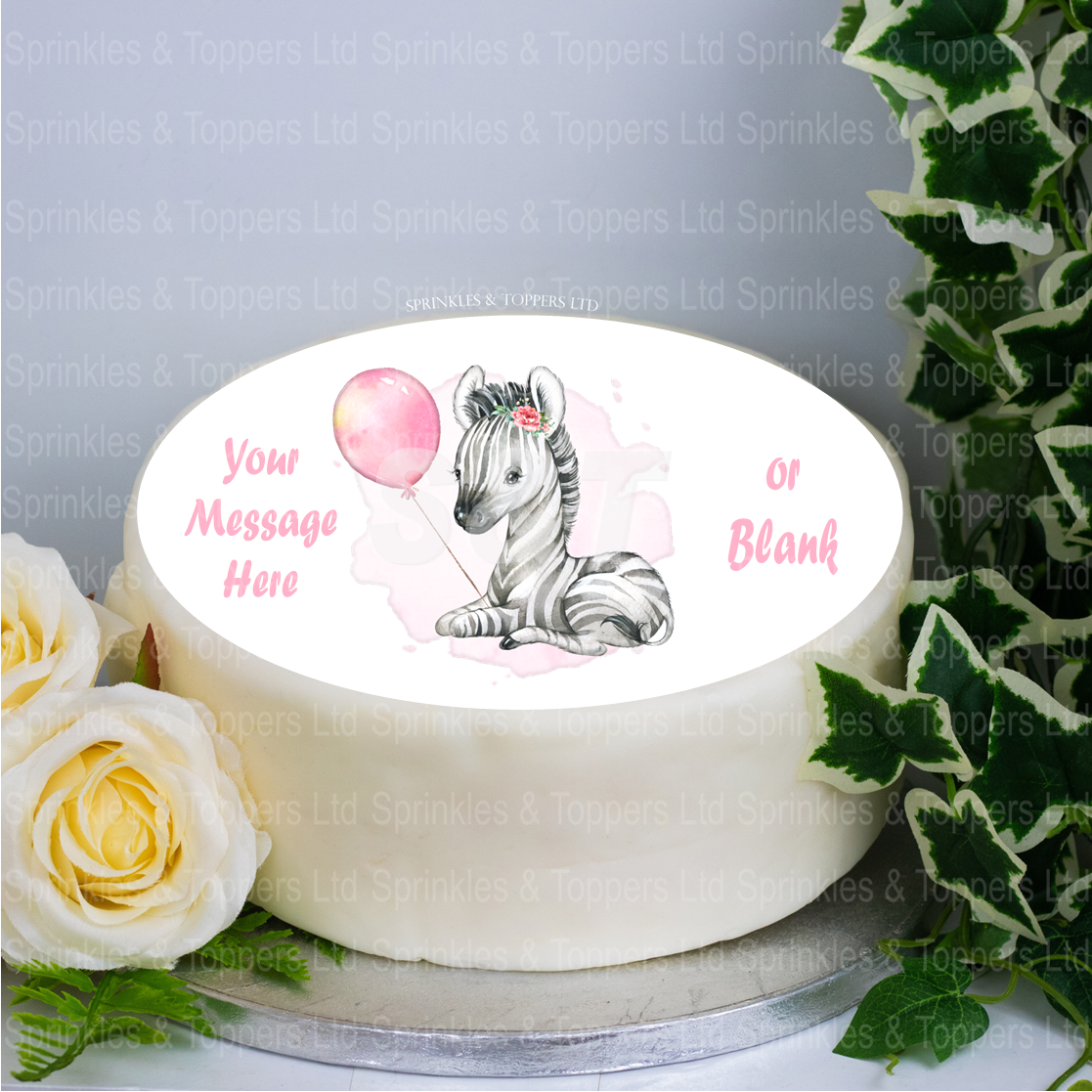 Personalised Baby Zebra & Pink Balloon 8" Cake Topper