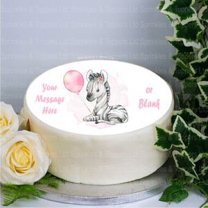 Personalised Baby Zebra & Pink Balloon  8" Icing Sheet Cake Topper