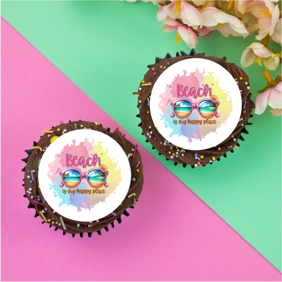 Beach is my happy place  2" / 5cm discs for cupcakes