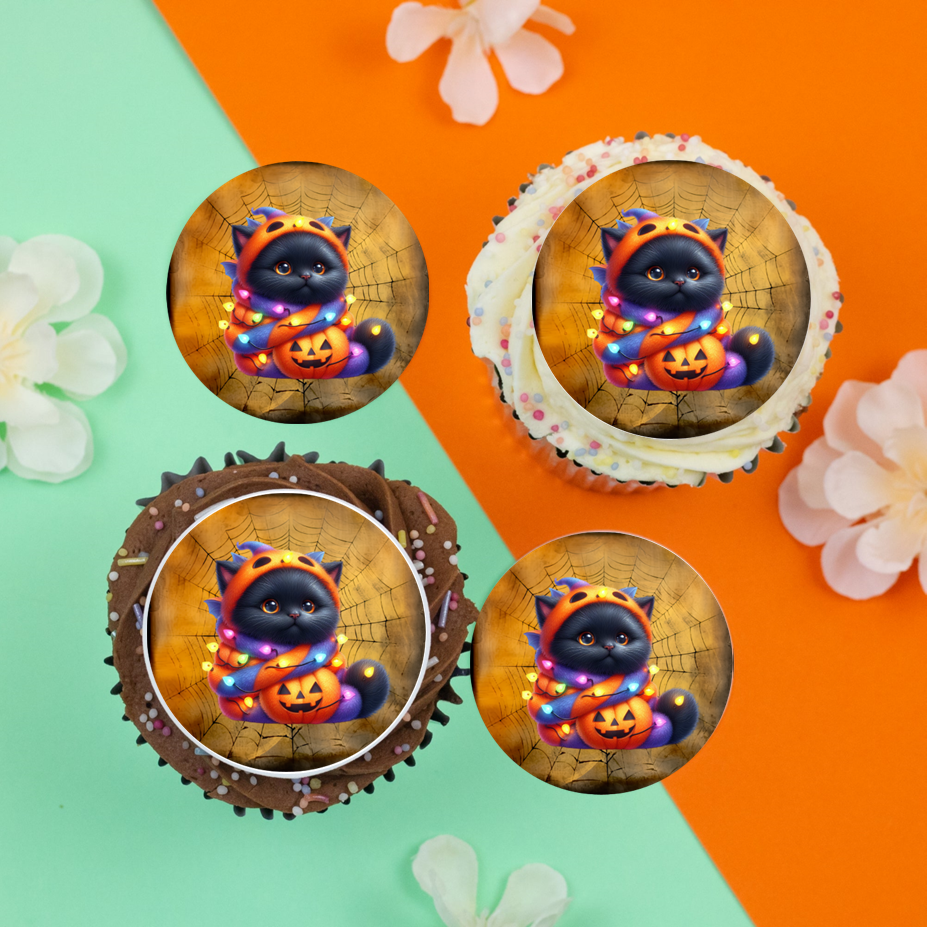 Cute black cat wrapped up 2" / 5cm discs for cupcakes