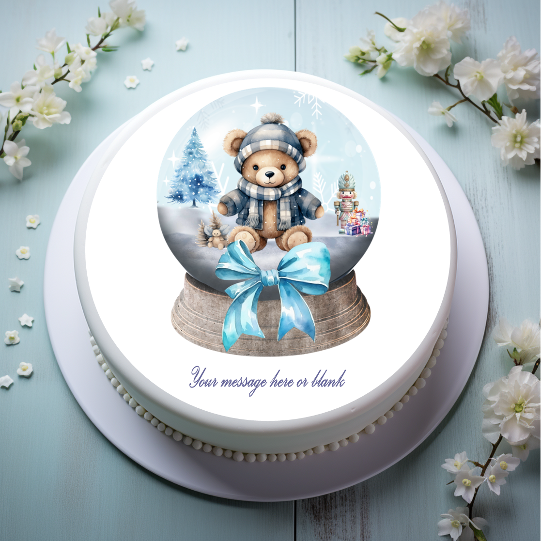 Personalised Cute Blue Bear in Snow Globe 8" Icing Sheet Cake Topper