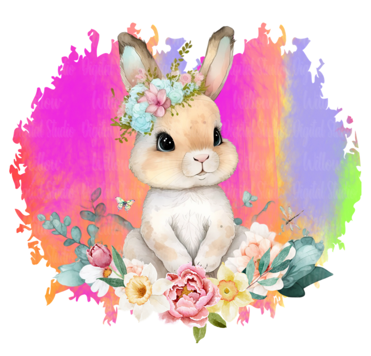 Bright Bunny Rabbit With Rainbow Background Digital Download