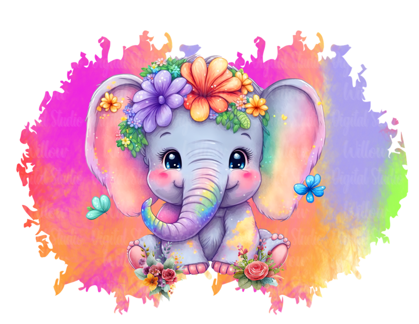 Bright Elephant With Rainbow Background Digital Download