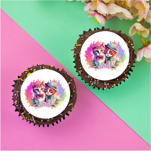 Cool cats and bright rainbow background  2" / 5cm discs cupcake toppers