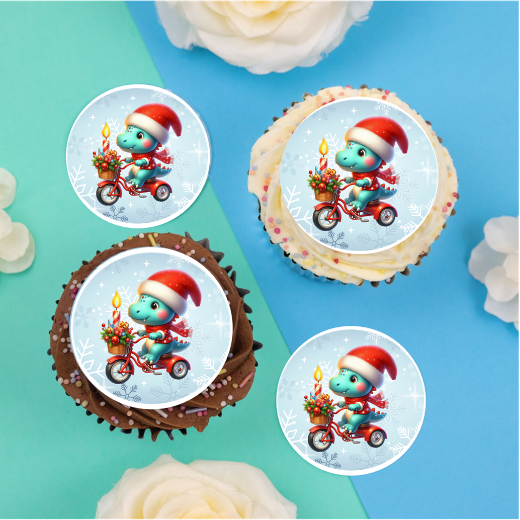 Christmas Dinosaur on bike 2" / 5cm discs for cupcakes