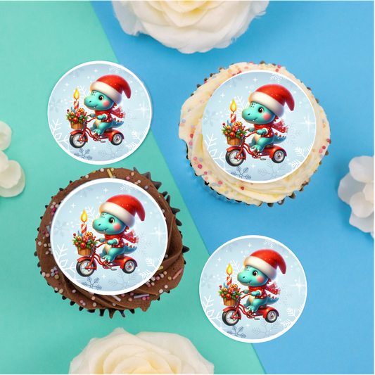 Christmas Dinosaur on bike 2" / 5cm discs for cupcakes