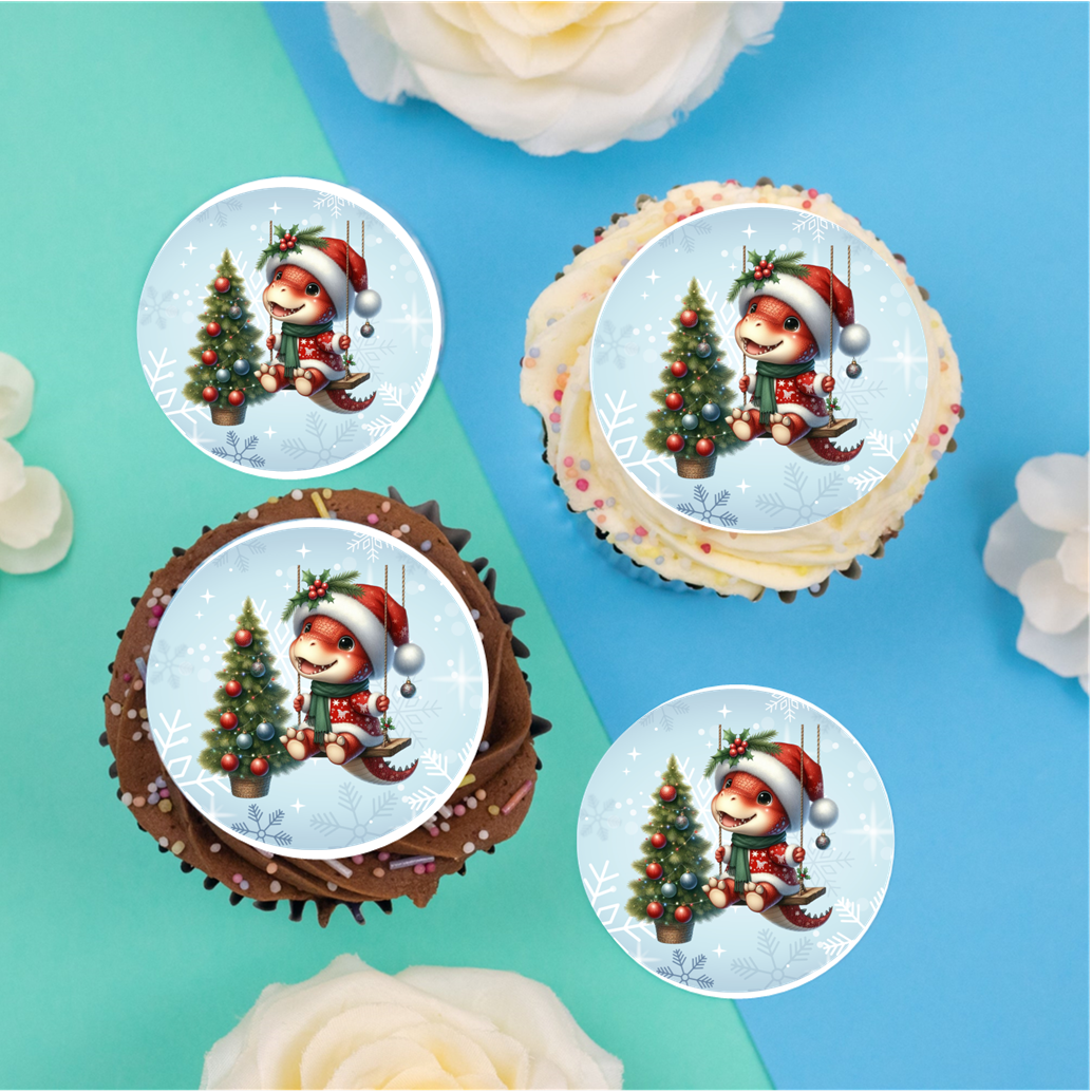 Christmas Dinosaur on swing 2" / 5cm discs for cupcakes