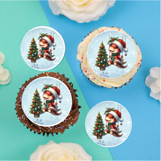 Christmas Dinosaur on swing 2" / 5cm discs for cupcakes