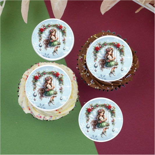 Christmas Fairy on swing (a) 2" / 5cm discs for cupcakes