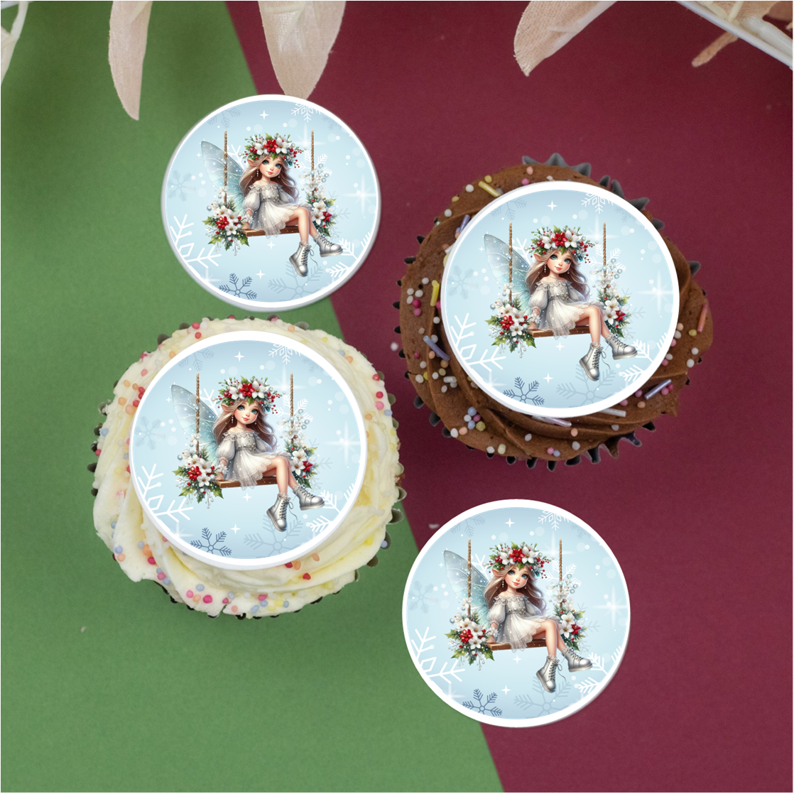 Christmas Fairy on swing (b) 2" / 5cm discs for cupcakes