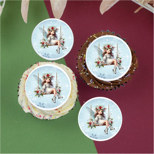 Christmas Fairy on swing (b) 2" / 5cm discs for cupcakes