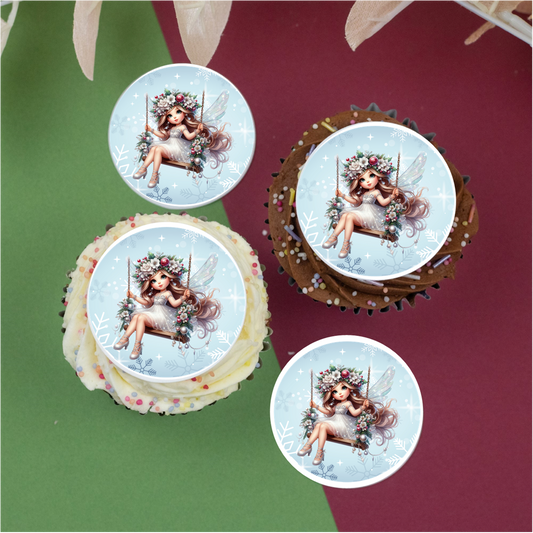 Christmas Fairy on swing (c) 2" / 5cm discs for cupcakes