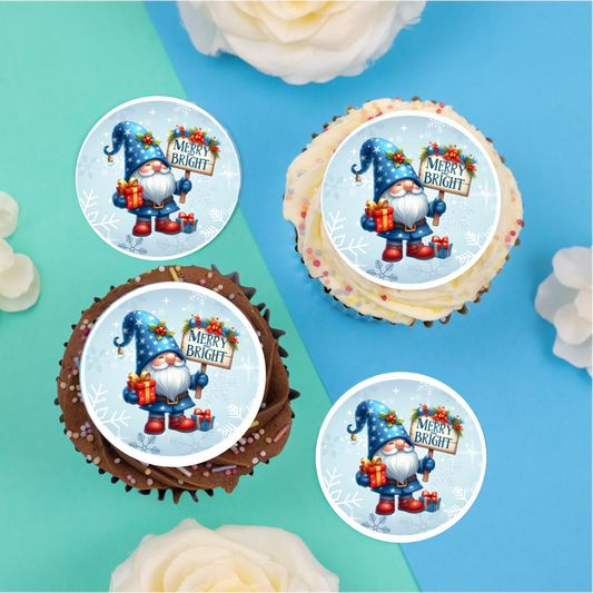 Christmas Gnome Blue 2" / 5cm discs for cupcakes