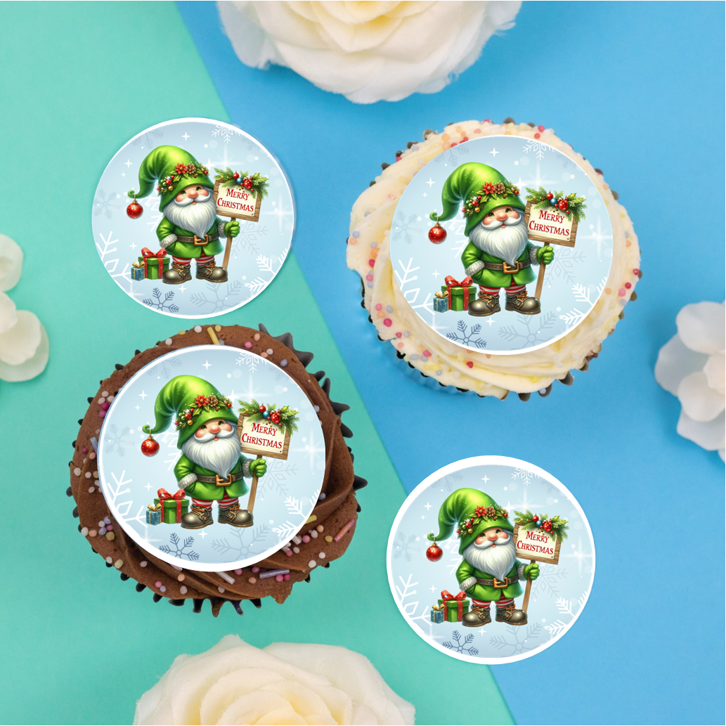 Christmas Gnome Green 2" / 5cm discs for cupcakes