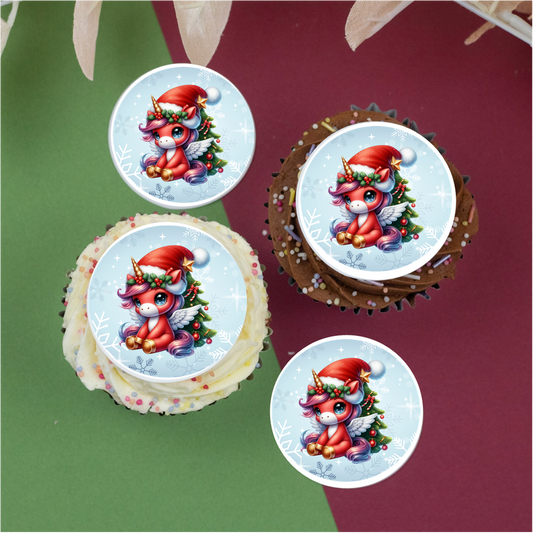 Christmas Unicorn 2" / 5cm discs for cupcakes