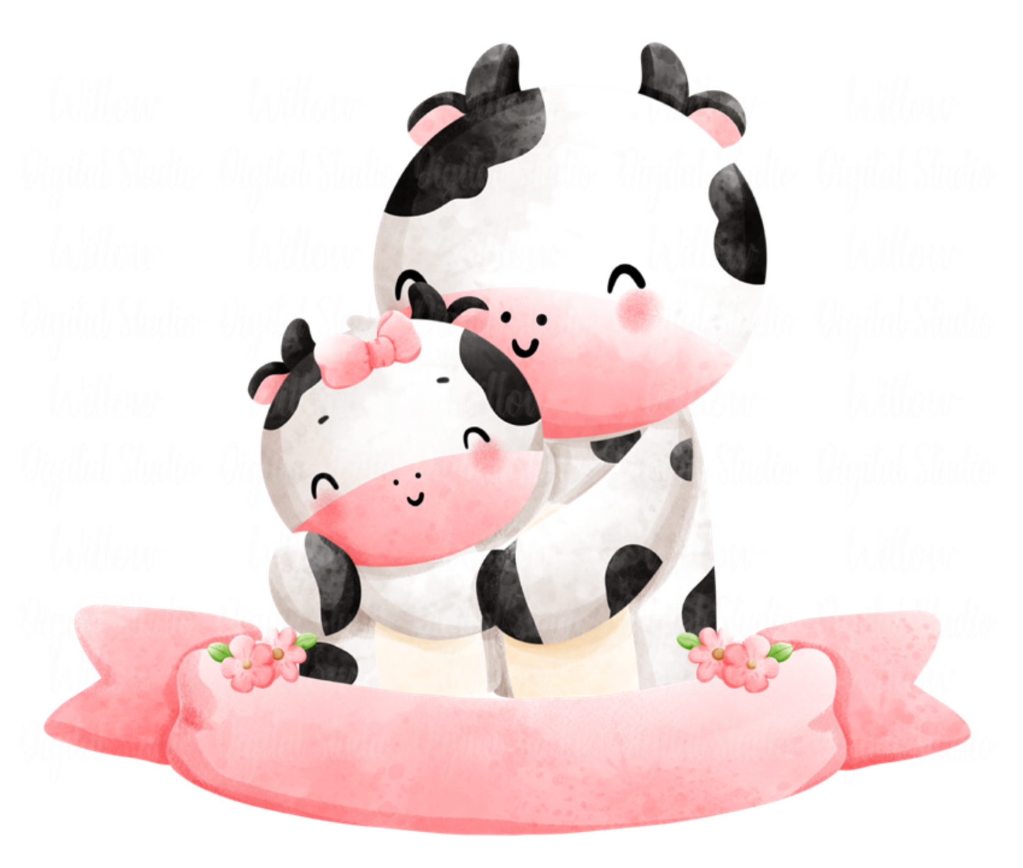 Cow Mum & Baby With Blank Scroll Digital Download