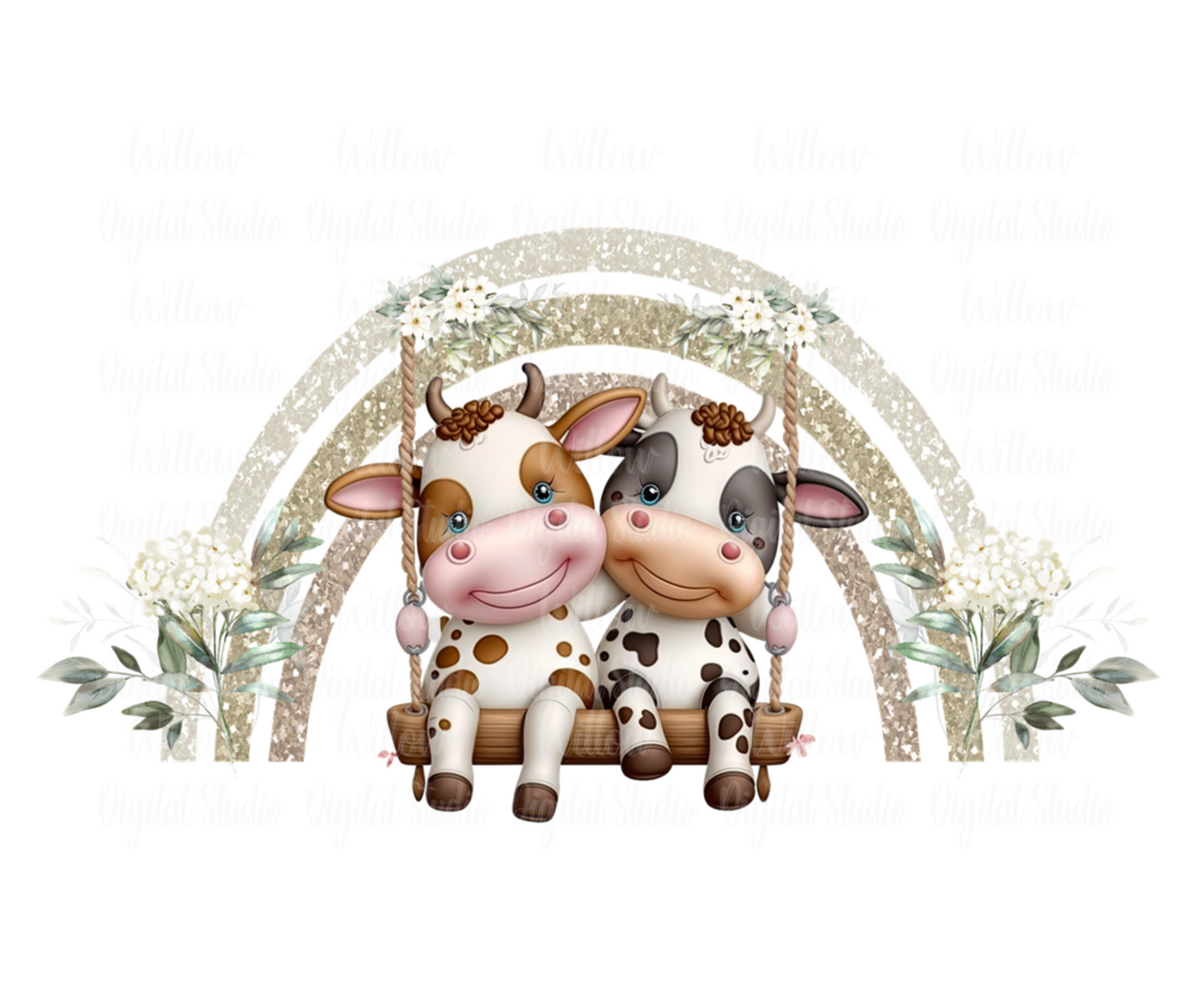 Cows On Swing With Rainbow Background Digital Download